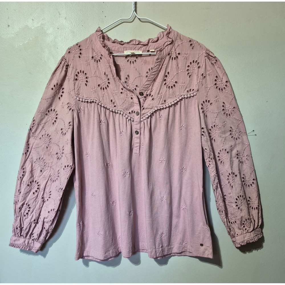 Fat Face Pink Eyelet Embroidered Ruffle Neck Blouse USA 12 UK 16